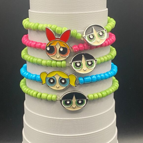 Powderpuff Girls Beaded Bracelets Lot 5 Blossom Bubbles Buttercup Cosplay Fan - Picture 2 of 8
